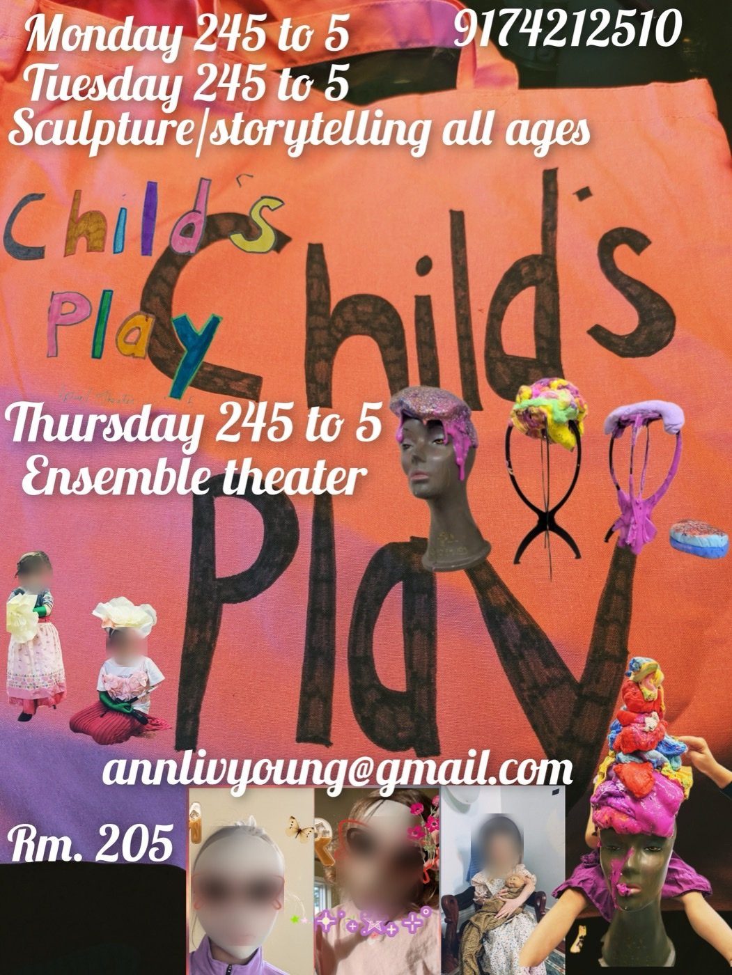 Child's Play after-school flyer: Monday and Tuesday sculpture and storytelling, Thursday ensemble theater, Room 205