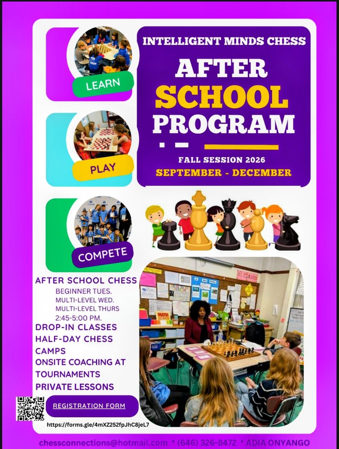 Intelligent Minds Chess Fall 2026 after-school program flyer