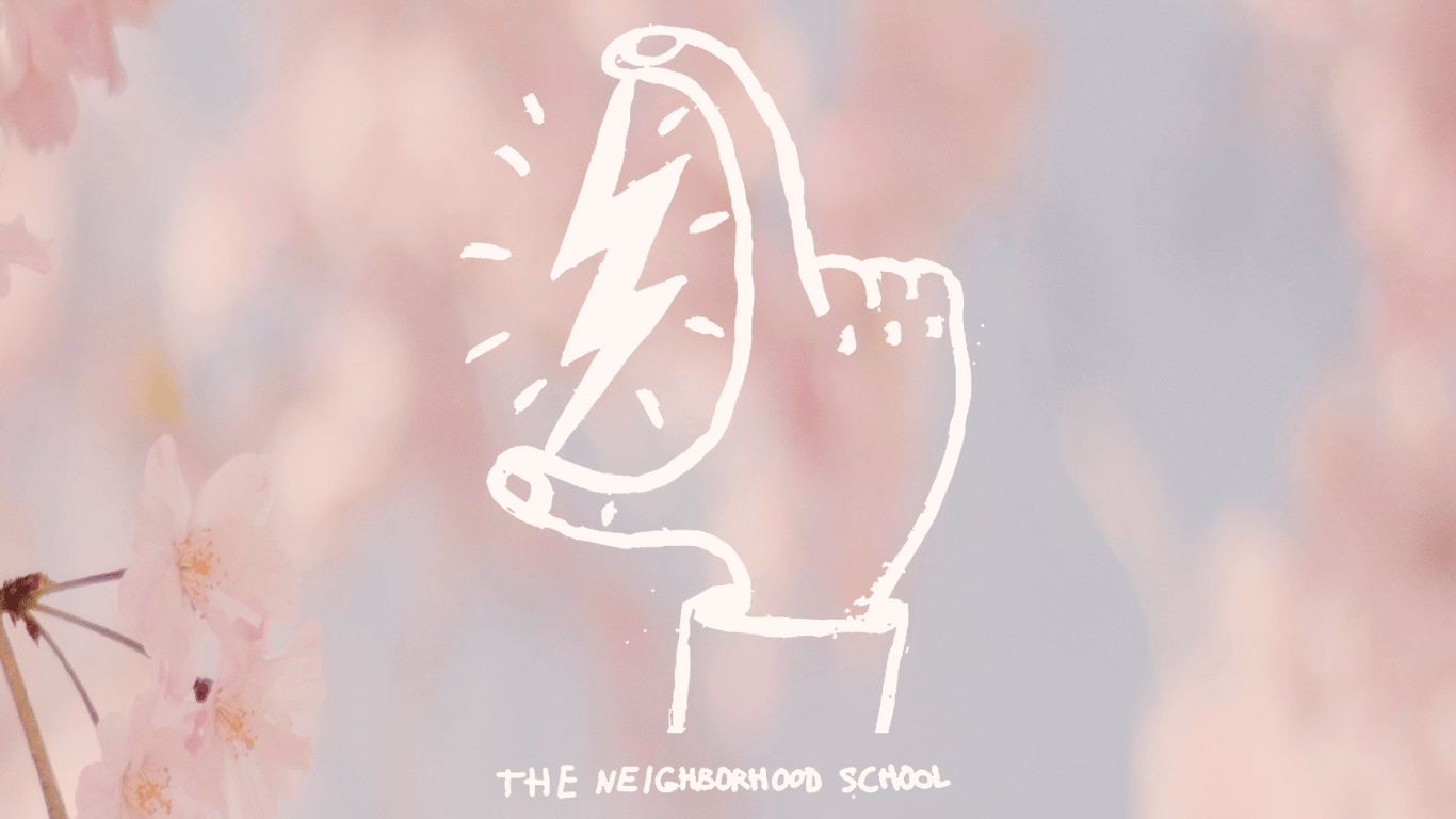 The Neighborhood School spring banner — a whimsical hand-drawn lightning bolt against cherry blossoms